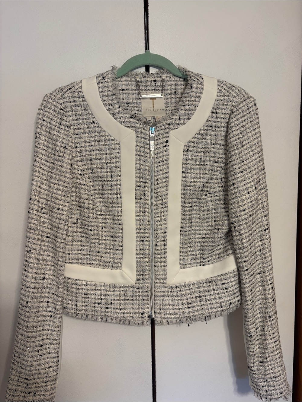 Ted BakerAdala Black-and-Cream Tweed Zip-Front Cropped Jacket